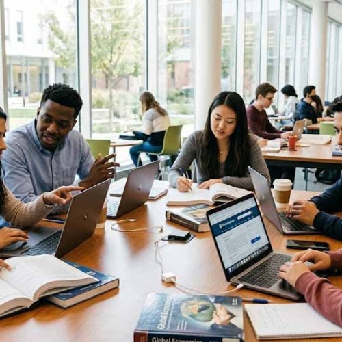 Study abroad after 12th students collaborating