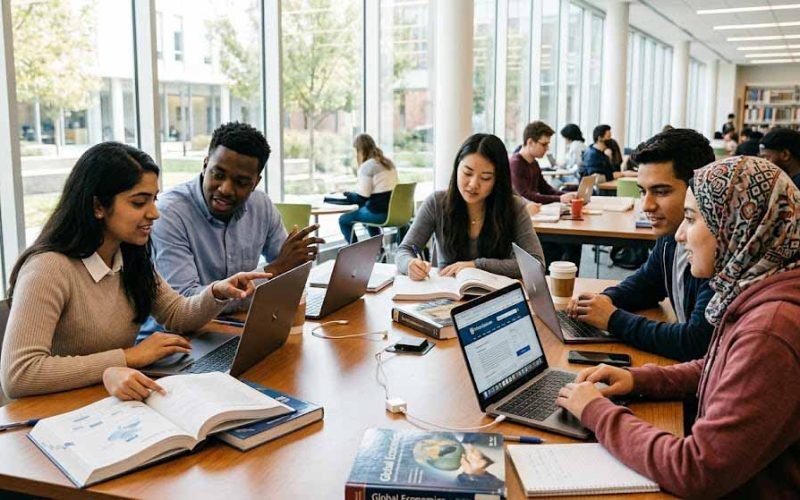 Study abroad after 12th students collaborating